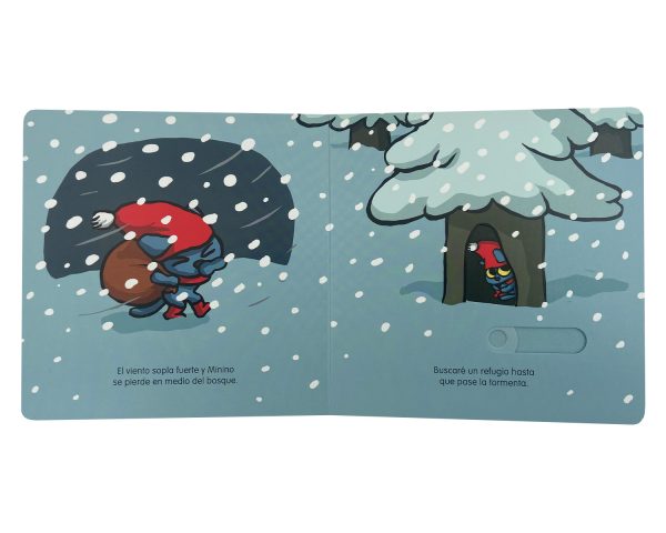 Libro Minino y la Navidad abierto, mostrando ilustraciones festivas - Mimú