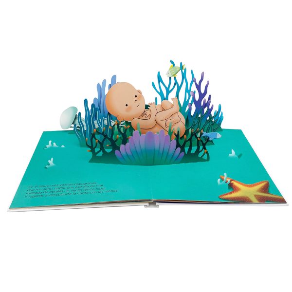 Libro infantil Baby Pop abierto con ilustraciones del crecimiento del bebé durante el embarazo