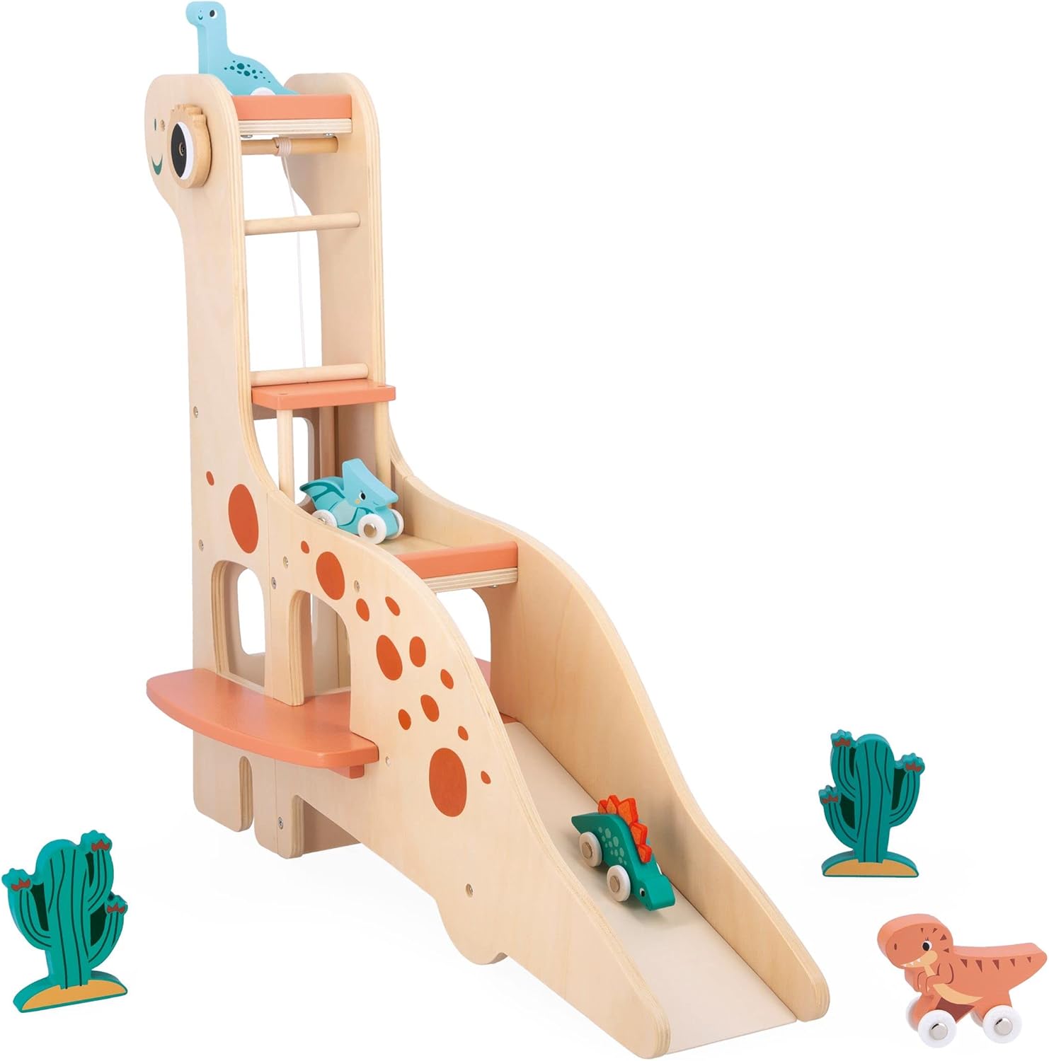 Garaje dinosaurio Janod con ascensor manual, rampas y vehículos con forma de dinosaurios - Mimú