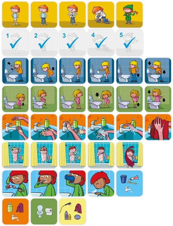 Tarjetas secuencias de hábitos de higiene Miniland juego educativo. Desarrollo del lenguaje, para peques neurodivergentes, en Mimú.