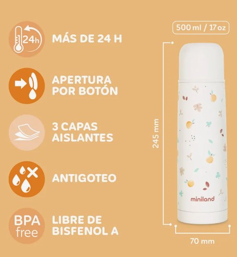 Termo infantil Miniland Valencia de acero inoxidable, calidad premium para peques y familias en Mimú bebés Jerez