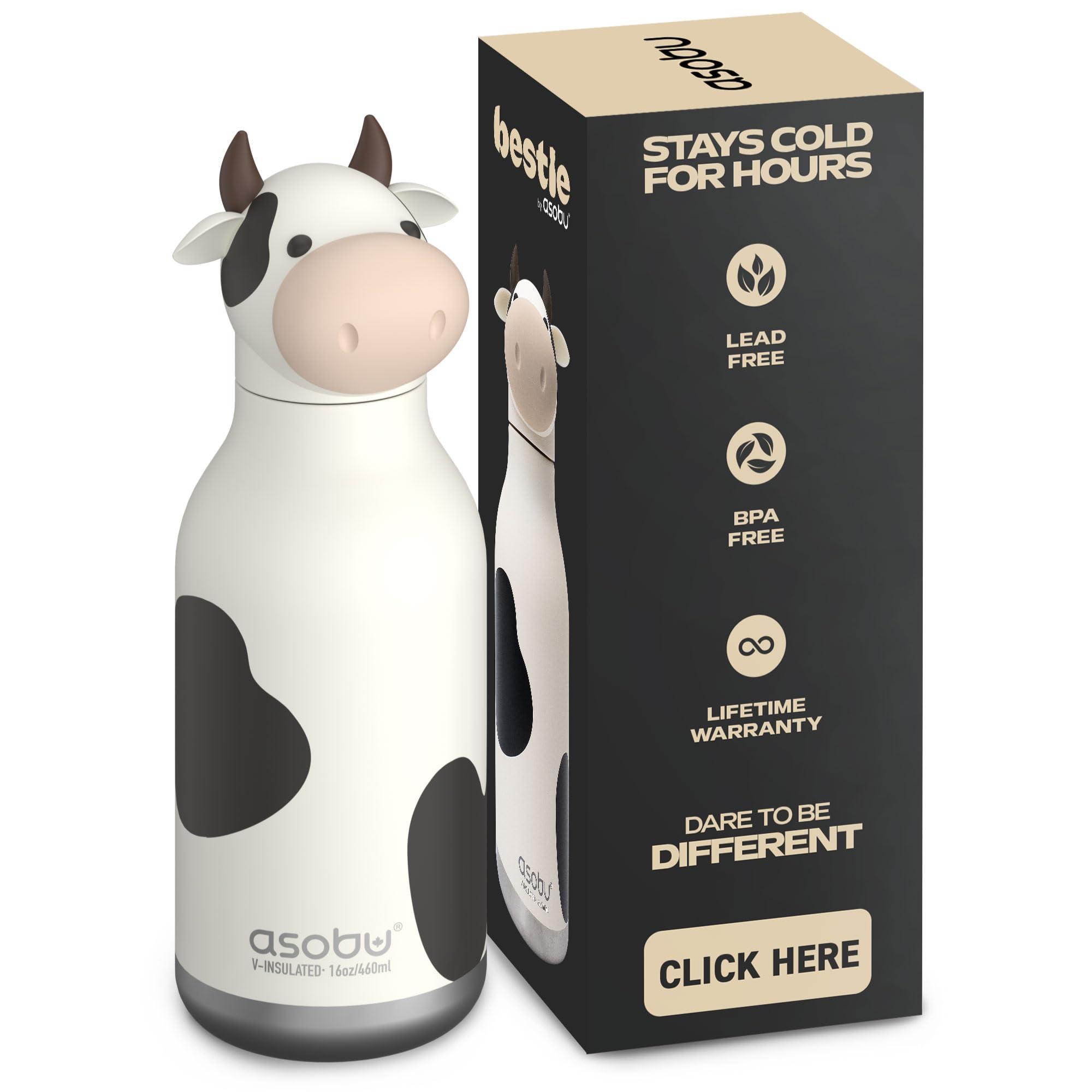 Botella infantil ASOBU Vaca reutilizable y térmica para colegio, campamentos y excursiones