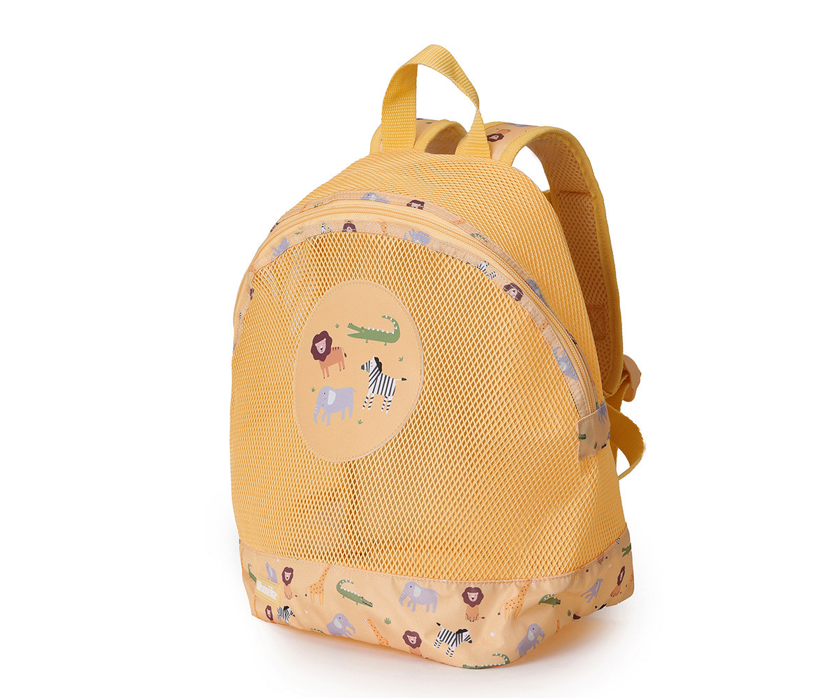 Mochila antiarena infantil Monnëka con diseño de animales amarilla disponible en Mimú